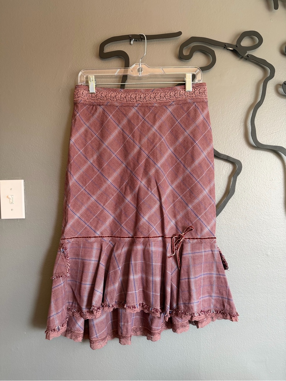 Free People Sz4 Womens Mauve Plaid Ruffle Hem Hi-Lo Skirt